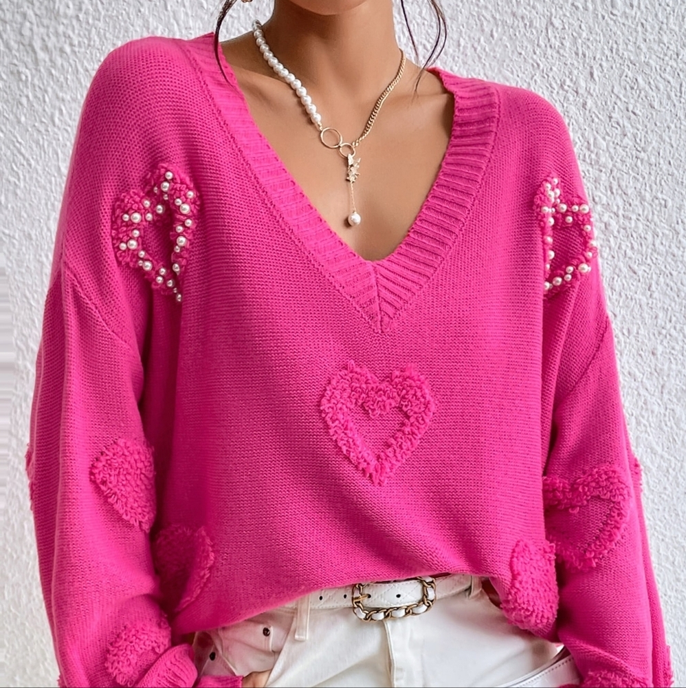 Pearls Heart Detail V-neck Drop Shoulder Sweater - Picture 2 of 5